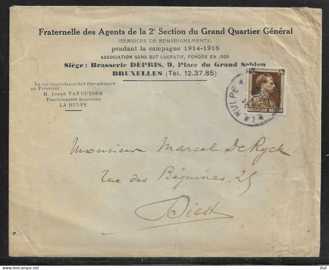 Belgium. Stamp Sc. 283 On Commercial Letter, Sent From La Hulpe On 17.08.1937 For Diest Belgium - 1936-1957 Collar Abierto