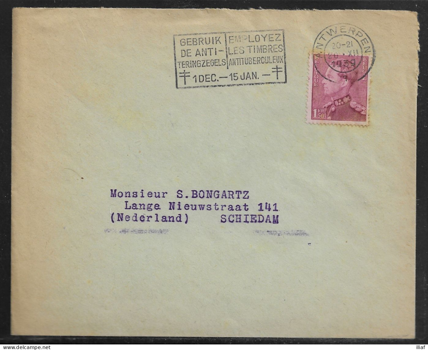 Belgium. Stamps Sc. 294 On Commercial Letter, Sent From Antwerpen On 20.12.1939 For Schiedam Netherlands - 1936-51 Poortman