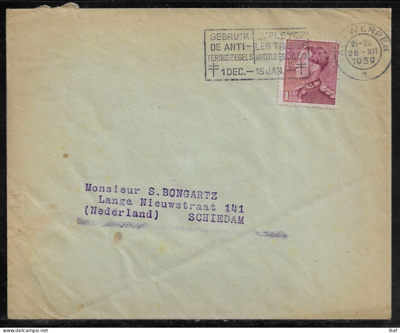 Belgium. Stamps Sc. 294 On Commercial Letter, Sent From Antwerpen On 28.12.1939 For Schiedam Netherlands - 1936-51 Poortman