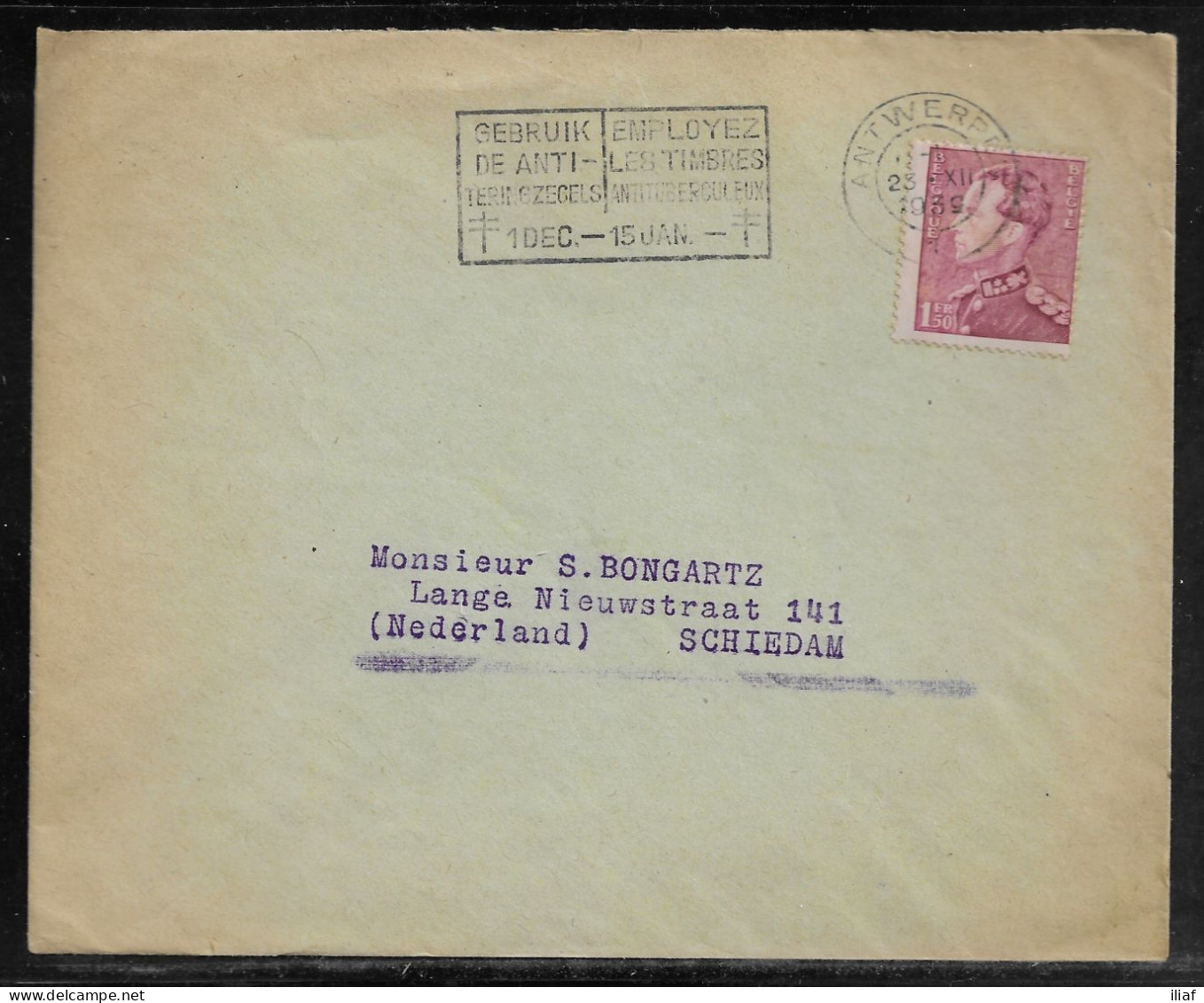 Belgium. Stamps Sc. 294 On Commercial Letter, Sent From Antwerpen On 23.12.1939 For Schiedam Netherlands - 1936-1951 Poortman