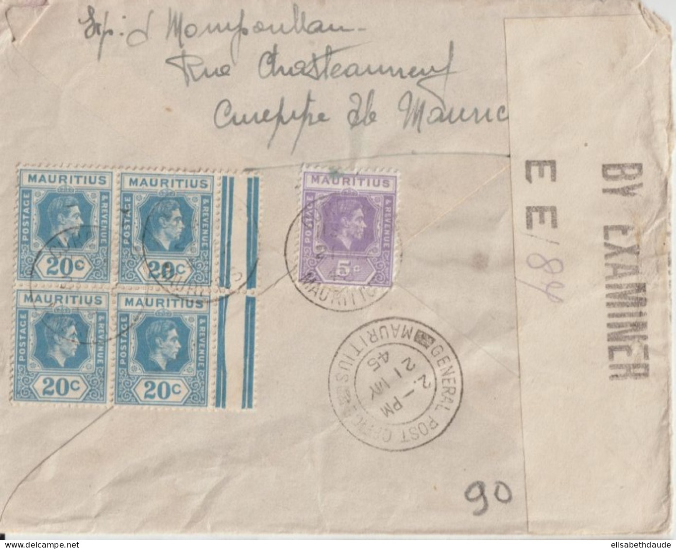 MAURITIUS - 1945 - ENVELOPPE AVEC CENSURE De CUREPIPE => DANNEMOINE (YONNE) - Mauritius (...-1967)