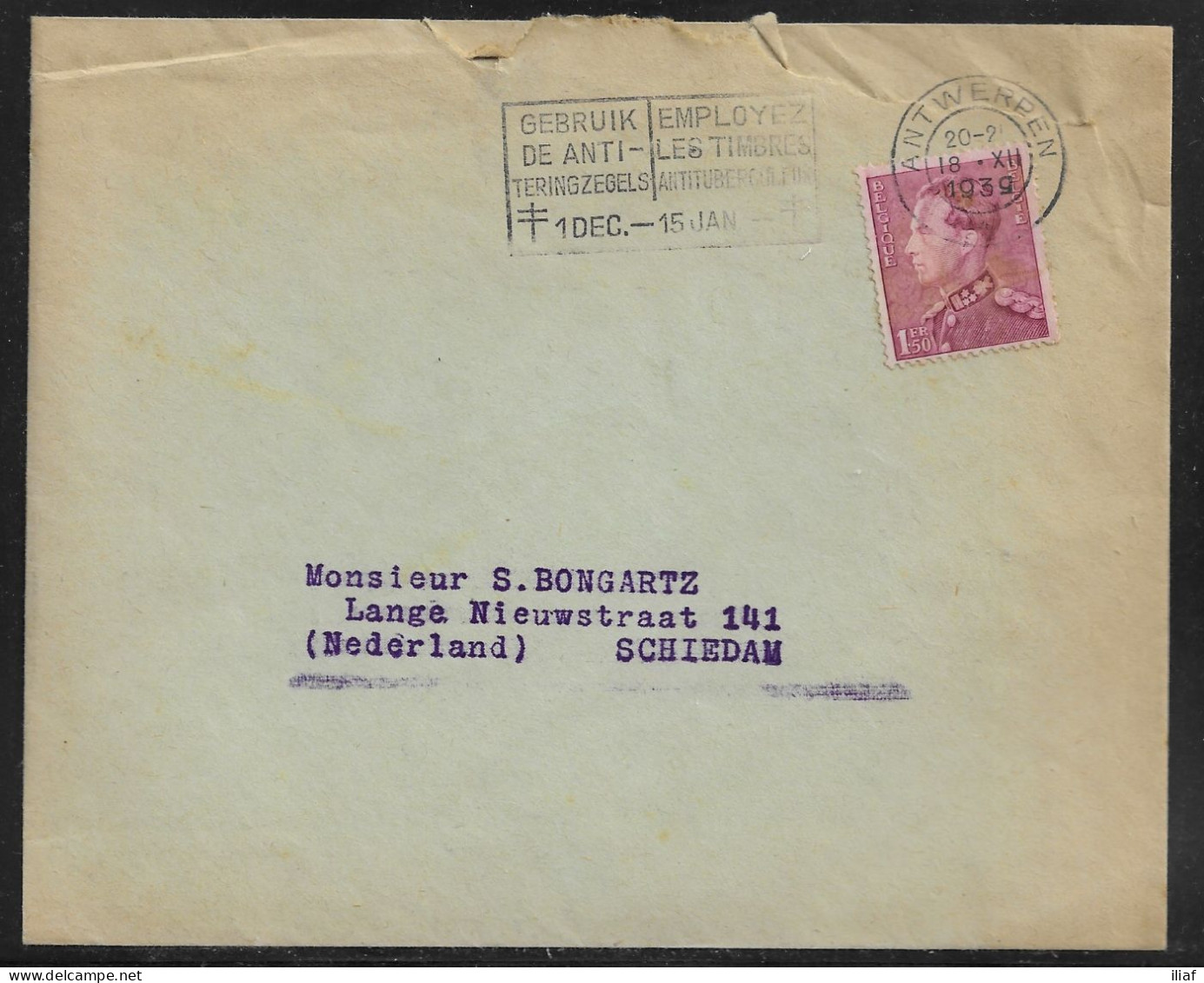 Belgium. Stamp Sc. 294 On Commercial Letter, Sent From Antwerpen On 18.12.1939 For Schiedam Netherlands - 1936-51 Poortman