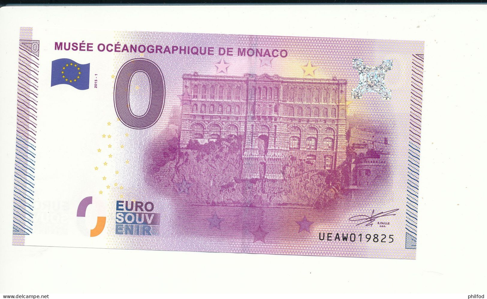 2015-1 - Billet Souvenir - 0 Euro - UEAW - MUSÉE OCÉANOGRAPHIQUE DE MONACO - N° 19825 - Billet épuisé - Essais Privés / Non-officiels