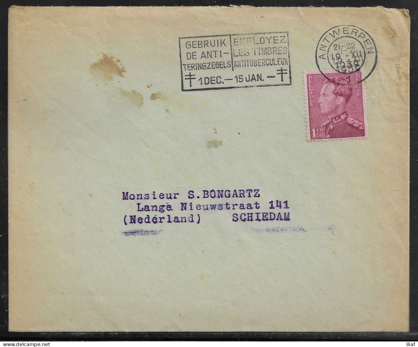 Belgium. Stamp Sc. 294 On Commercial Letter, Sent From Antwerpen On 19.12.1939 For Schiedam Netherlands - 1936-1951 Poortman