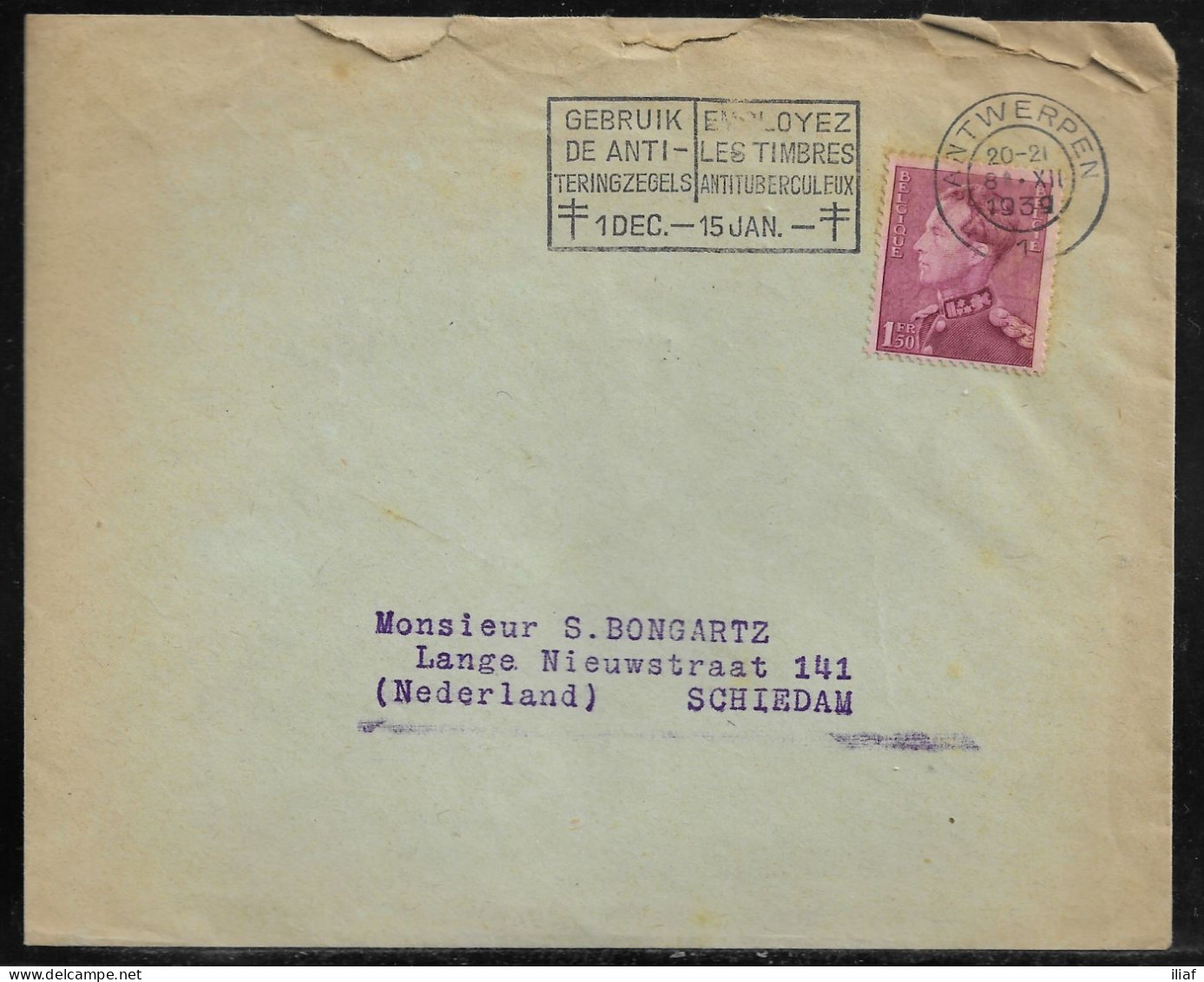 Belgium. Stamp Sc. 294 On Commercial Letter, Sent From Antwerpen On 8.12.1939 For Schiedam Netherlands - 1936-1951 Poortman