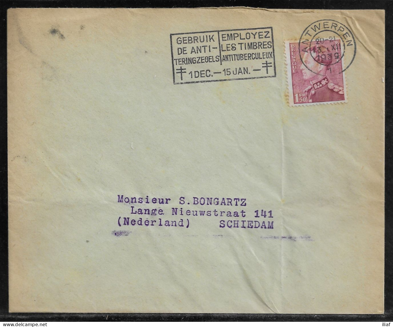 Belgium. Stamps Sc. 294 On Commercial Letter, Sent From Antwerpen On 13.12.1939 For Schiedam Netherlands - 1936-51 Poortman