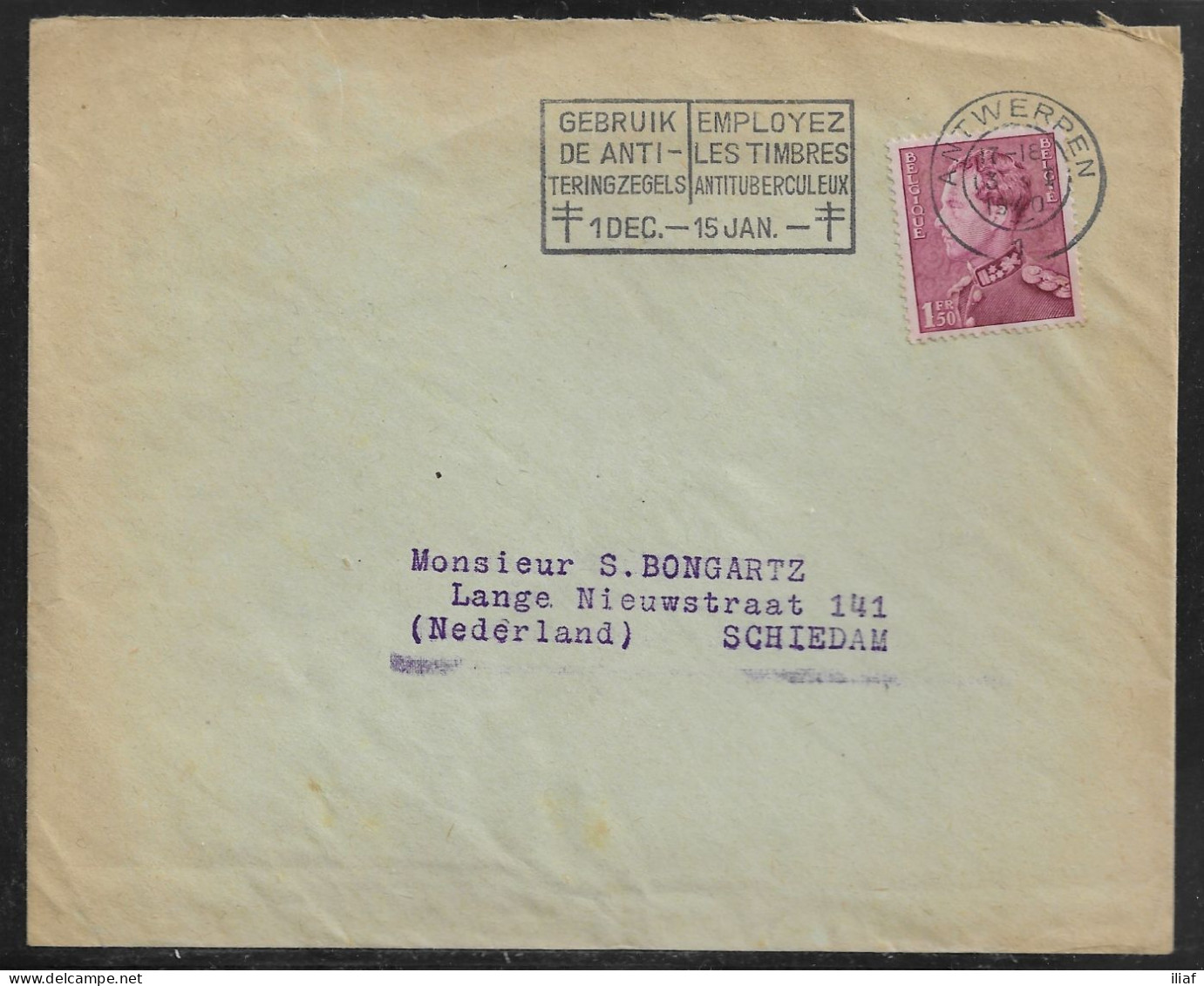 Belgium. Stamps Sc. 294 On Commercial Letter, Sent From Antwerpen On 3.01.1940 For Schiedam Netherlands - 1936-1951 Poortman