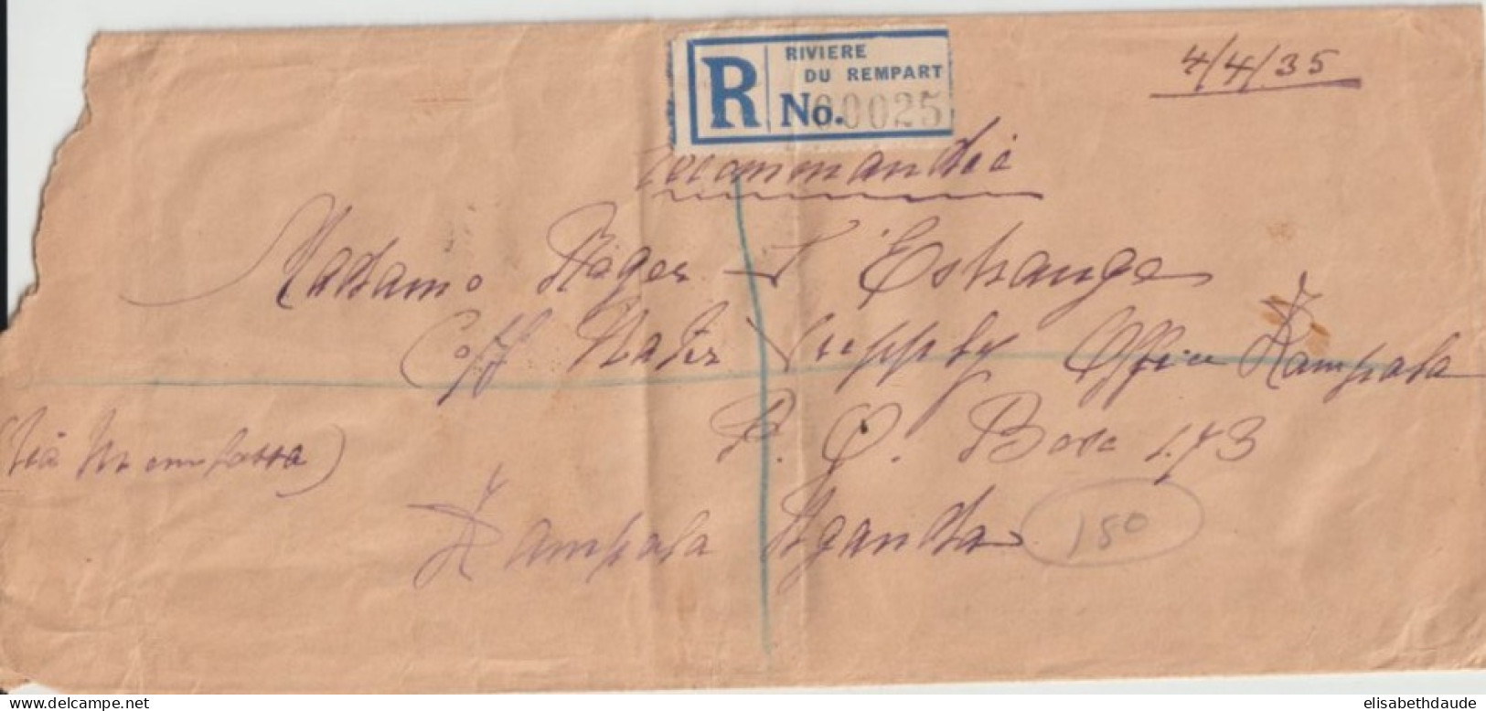 MAURITIUS - 1935 - ENVELOPPE RECOMMANDEE De RIVIERE DU REMPART ! => KAMPALA (UGANDA) ! Via MOMBASSA (KENYA) - Maurice (...-1967)