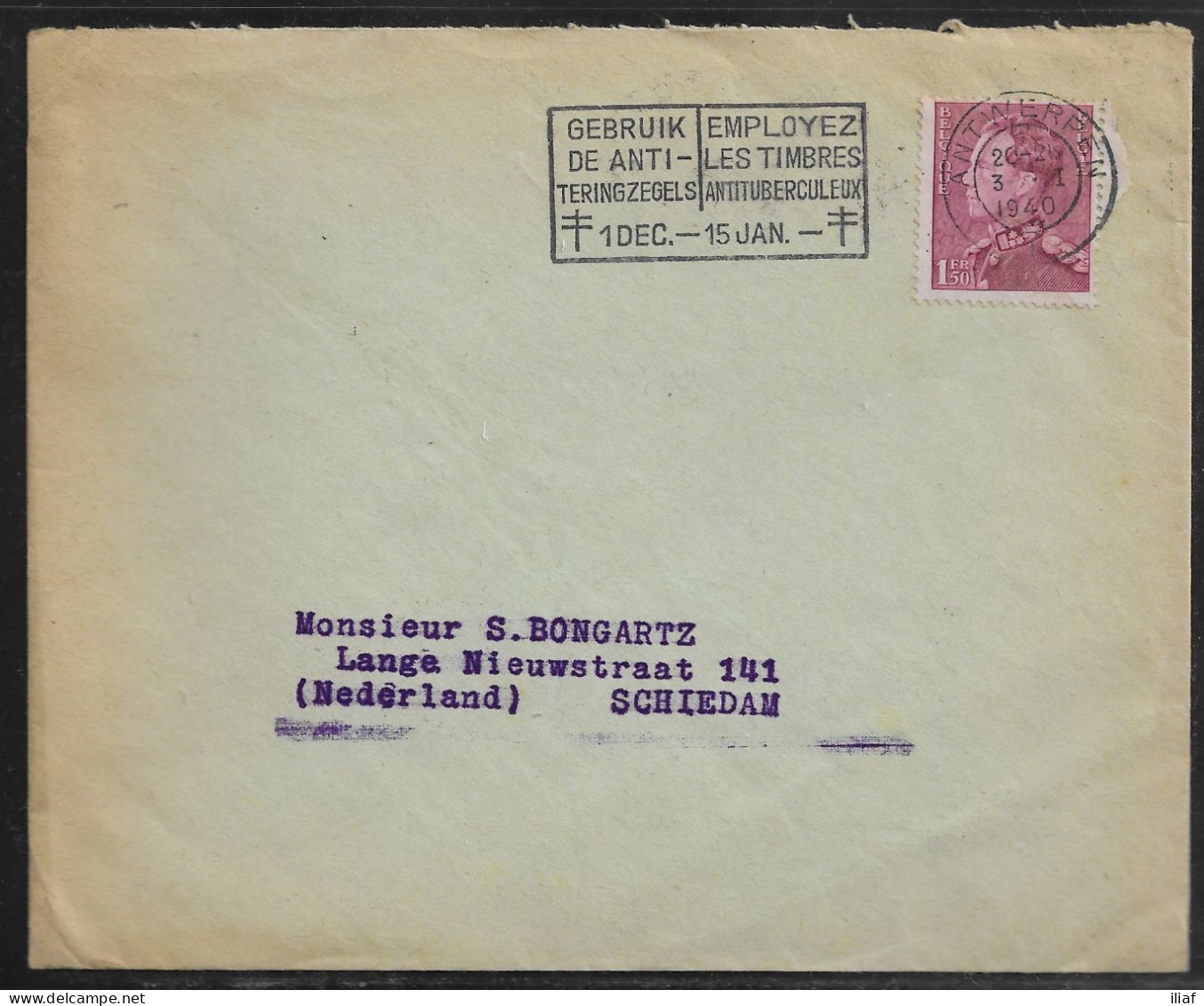 Belgium. Stamps Sc. 294 On Commercial Letter, Sent From Antwerpen On 3.01.1940 For Schiedam Netherlands - 1936-1951 Poortman