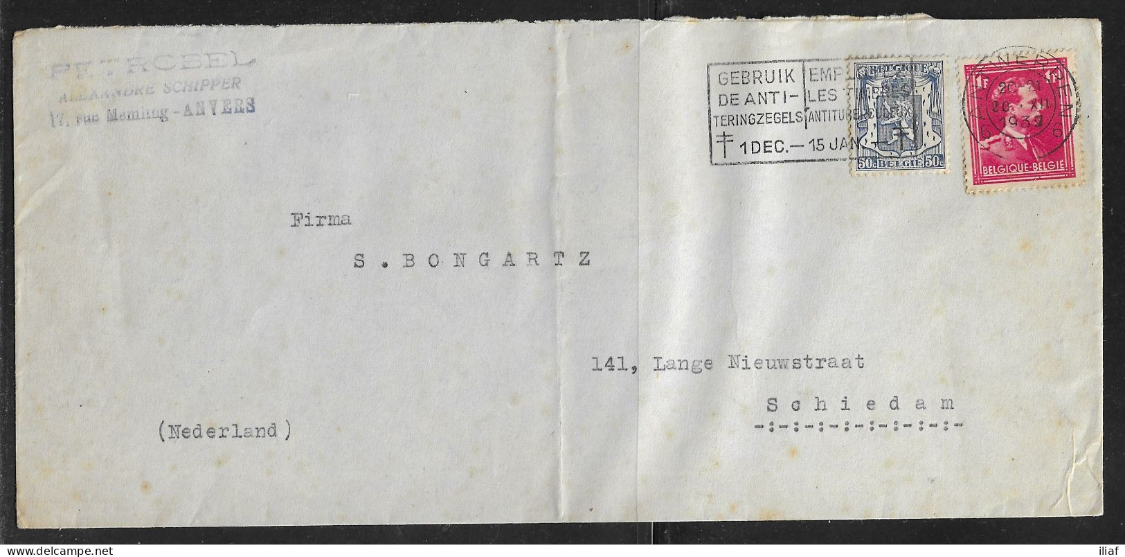 Belgium. Stamps Sc. 275, 284 On Commercial Letter, Sent From Anvers On 20.12.1939 For Schiedam Netherlands - 1936-1957 Collar Abierto