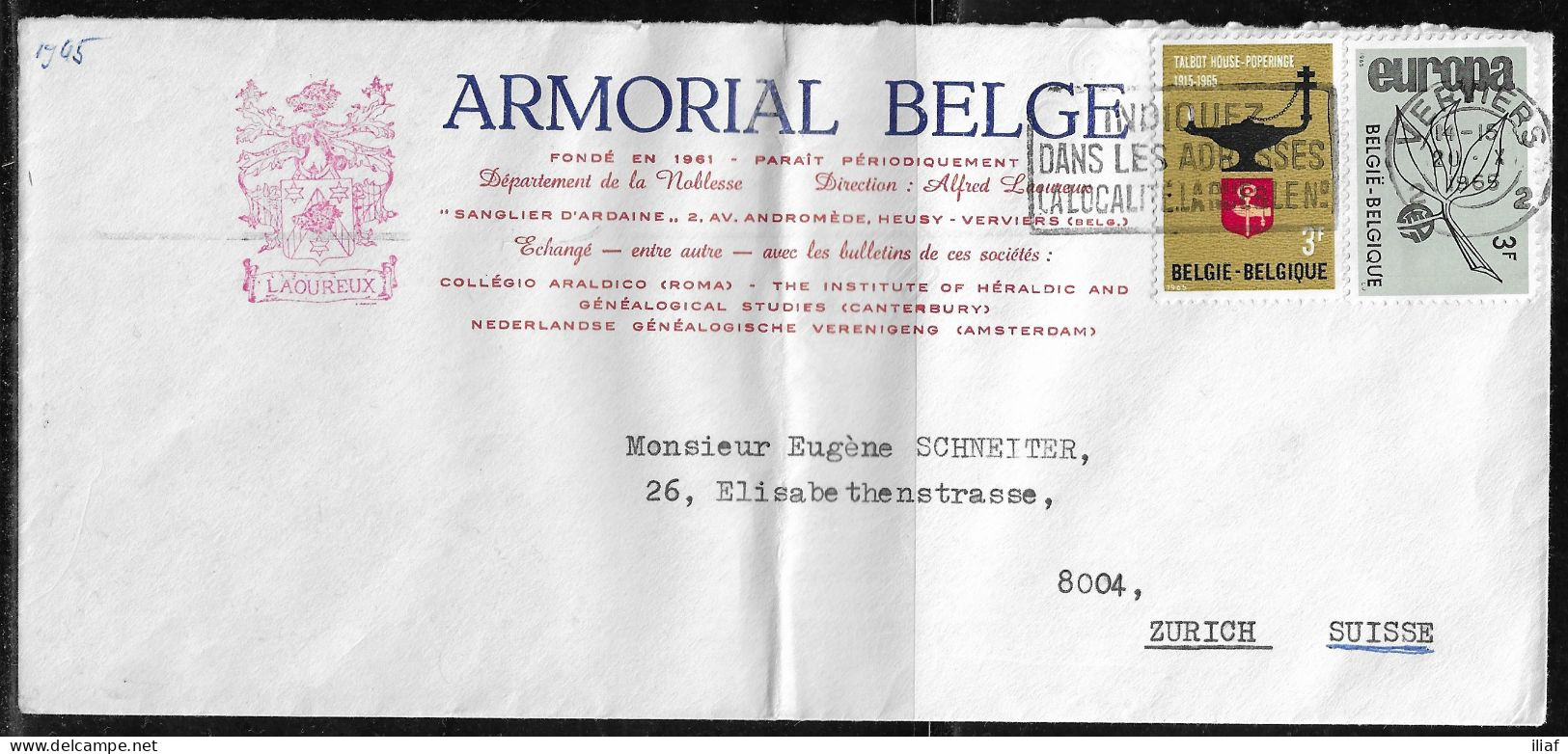 Belgium. Stamps Sc. 633, 637 On Commercial Letter, Sent From “ARMORAL BELGE” Verwers On 20.10.1965 For Zurich Switzerlan - Lettres & Documents