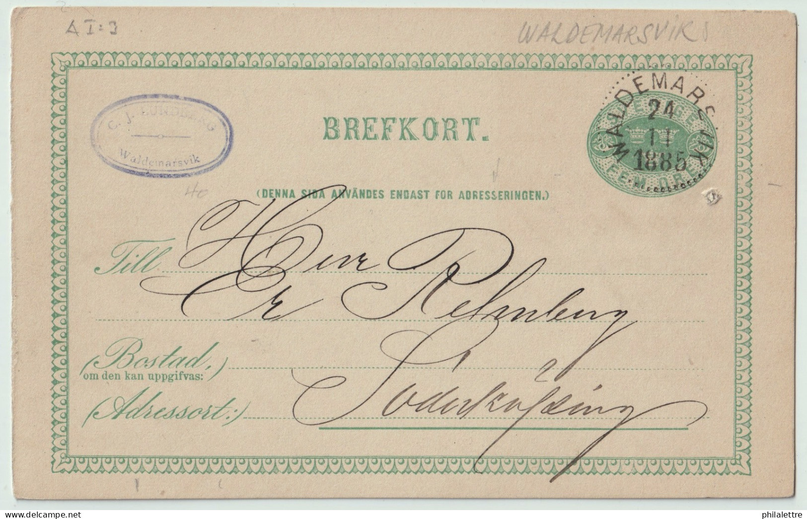 SUÈDE / SWEDEN - 1885 - "WALDEMARSVIK" CDS On 5ö Postal Card Mi.P6.I Addressed To Söderköping - Briefe U. Dokumente