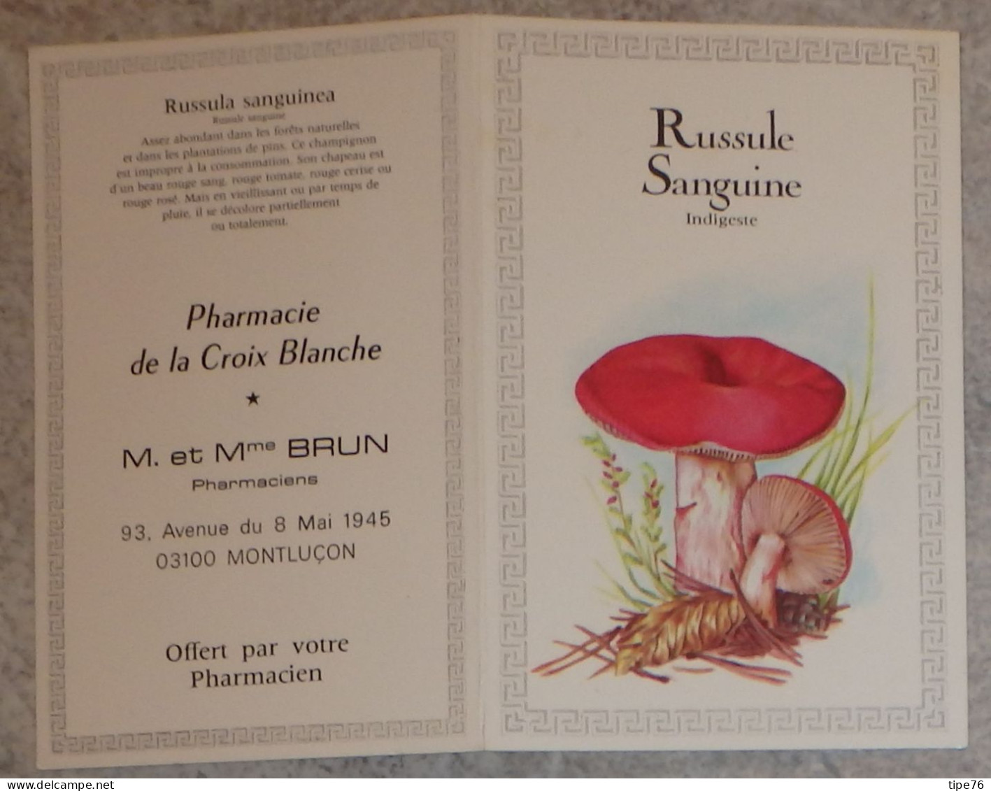 Petit Calendrier De Poche 1983 Champignon Russule Sanguine Pharmacie Montluçon Allier - Création Engelhard - Petit Format : 1981-90
