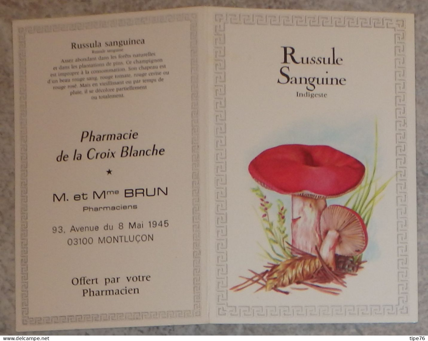 Petit Calendrier De Poche 1983 Champignon Russule Sanguine Pharmacie Montluçon Allier - Création Engelhard - Klein Formaat: 1981-90