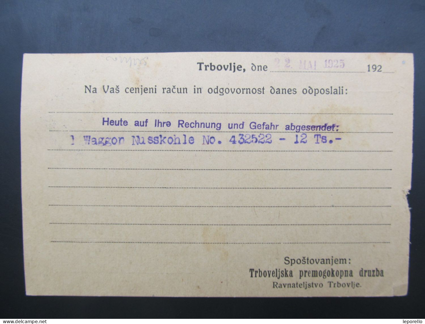 GANZSACHE Trbovlje Premogokopna Druzba - Wildon Ca. 1925 // D*58794 - Lettres & Documents