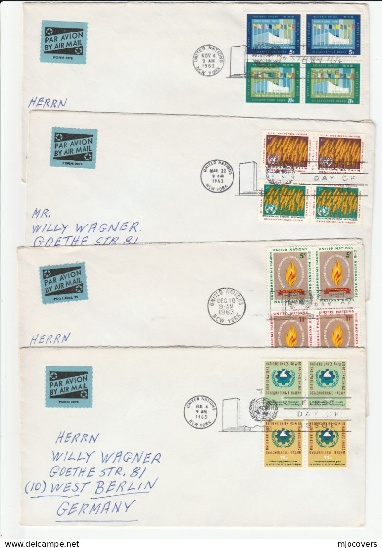 1963 United Nations 4 Diff FDCS Air Mail To Germany Cover Stamps Airmail Label - FDC