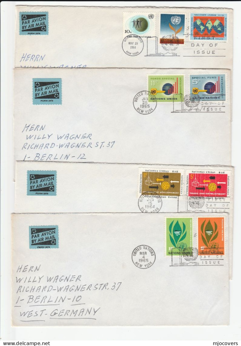 1964-65 United Nations 4 Diff FDCS Air Mail To Germany Cover Stamps Airmail Label - FDC