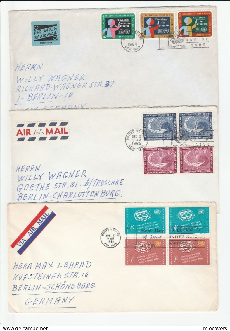 1961-64 United Nations 3 Diff FDCS Air Mail To Germany Cover Stamps Different Airmail Label - FDC
