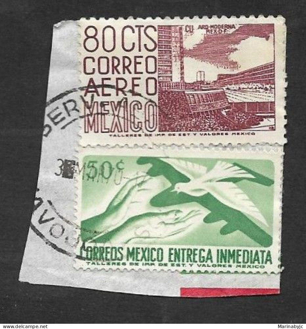 SE)1970 MEXICO  FRAGMENT WITH TWO BELLS, UNIVERSITY STADIUM 80C SCT C194 & IMMEDIATE DELIVERY, PALOMA 50C SCT E22, USED - Mexico