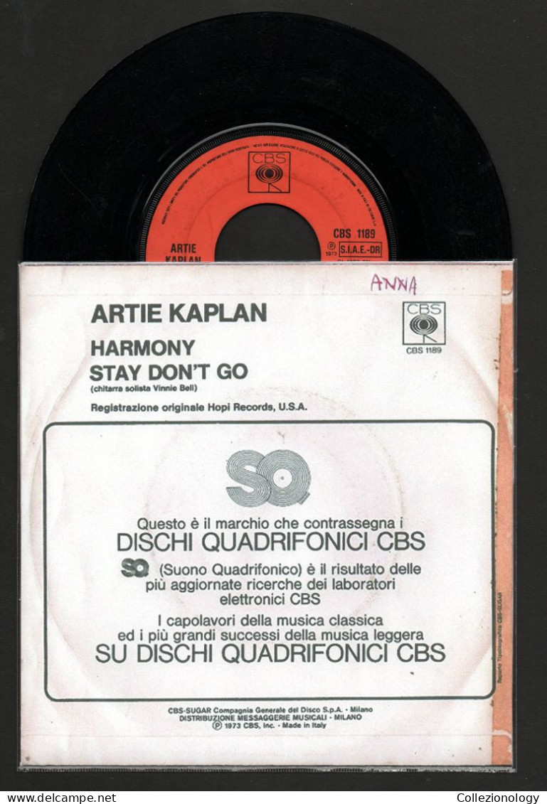 DISCO VINILE 45 GIRI 7" 1973 ARTIE KAPLAN HARMONY/STAY DON'T GO CBS 1189 ITALY 0006 - Blues