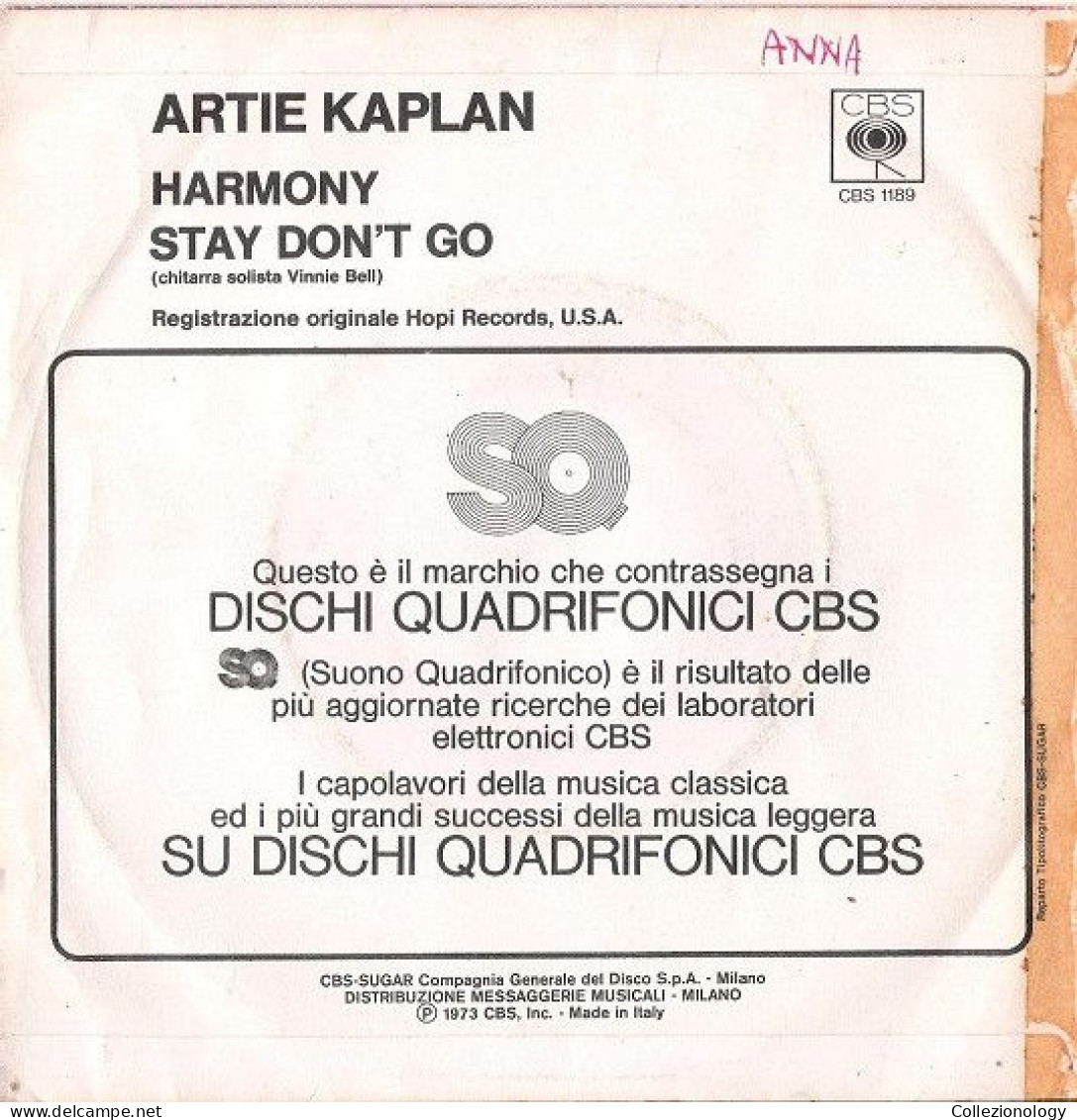 DISCO VINILE 45 GIRI 7" 1973 ARTIE KAPLAN HARMONY/STAY DON'T GO CBS 1189 ITALY 0006 - Blues