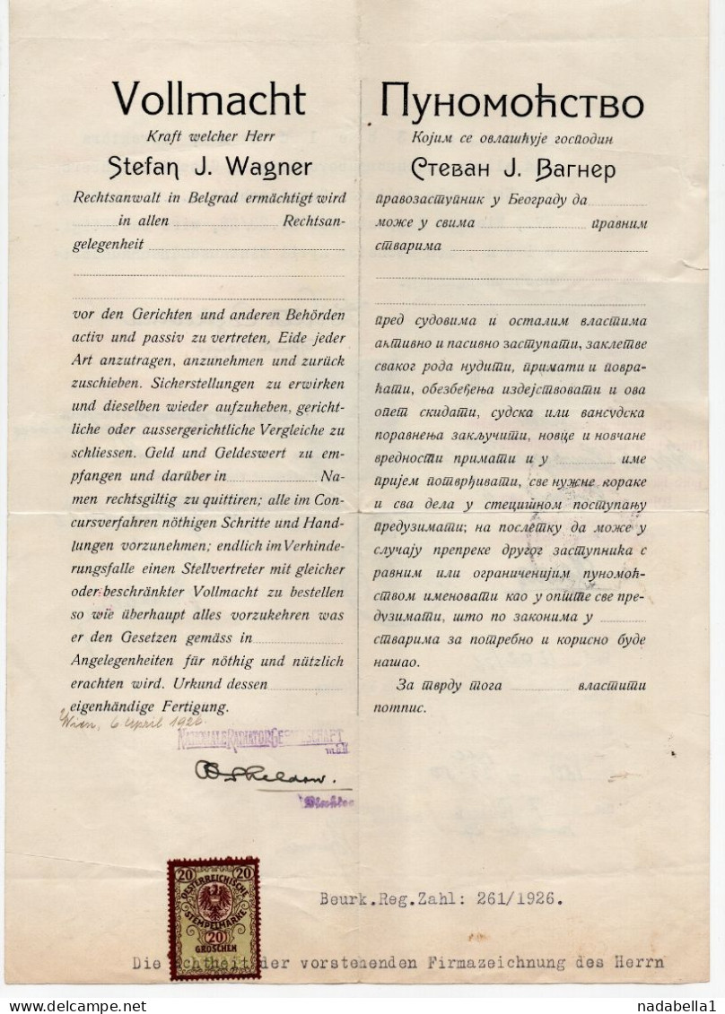 1926.  AUSTRIA,VIENNA,POWER OF ATTORNEY,SENT TO SERBIA,APPROVED BY YUGOSLAV CONSULATE,4 VARIOUS REVENUE STAMPS - Fiscale Zegels