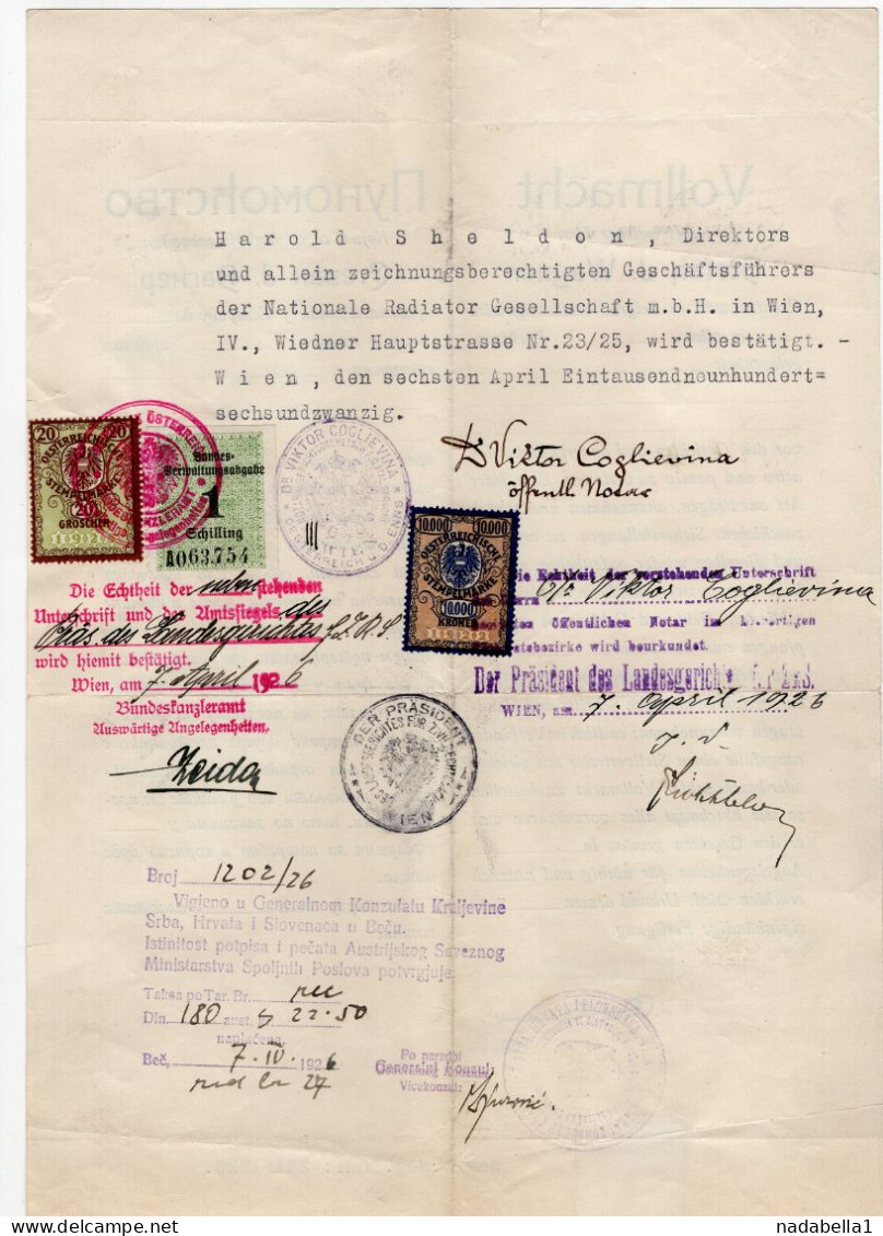 1926.  AUSTRIA,VIENNA,POWER OF ATTORNEY,SENT TO SERBIA,APPROVED BY YUGOSLAV CONSULATE,4 VARIOUS REVENUE STAMPS - Steuermarken