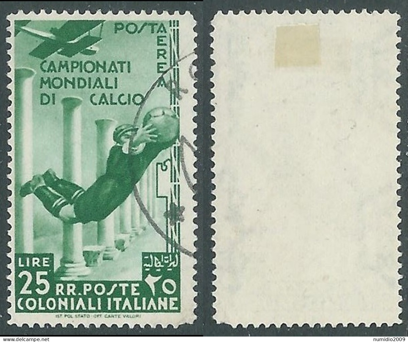 1934 EMISSIONI GENERALI POSTA AEREA USATO MONDIALI DI CALCIO 25 LIRE - RA6-4 - Emissioni Generali