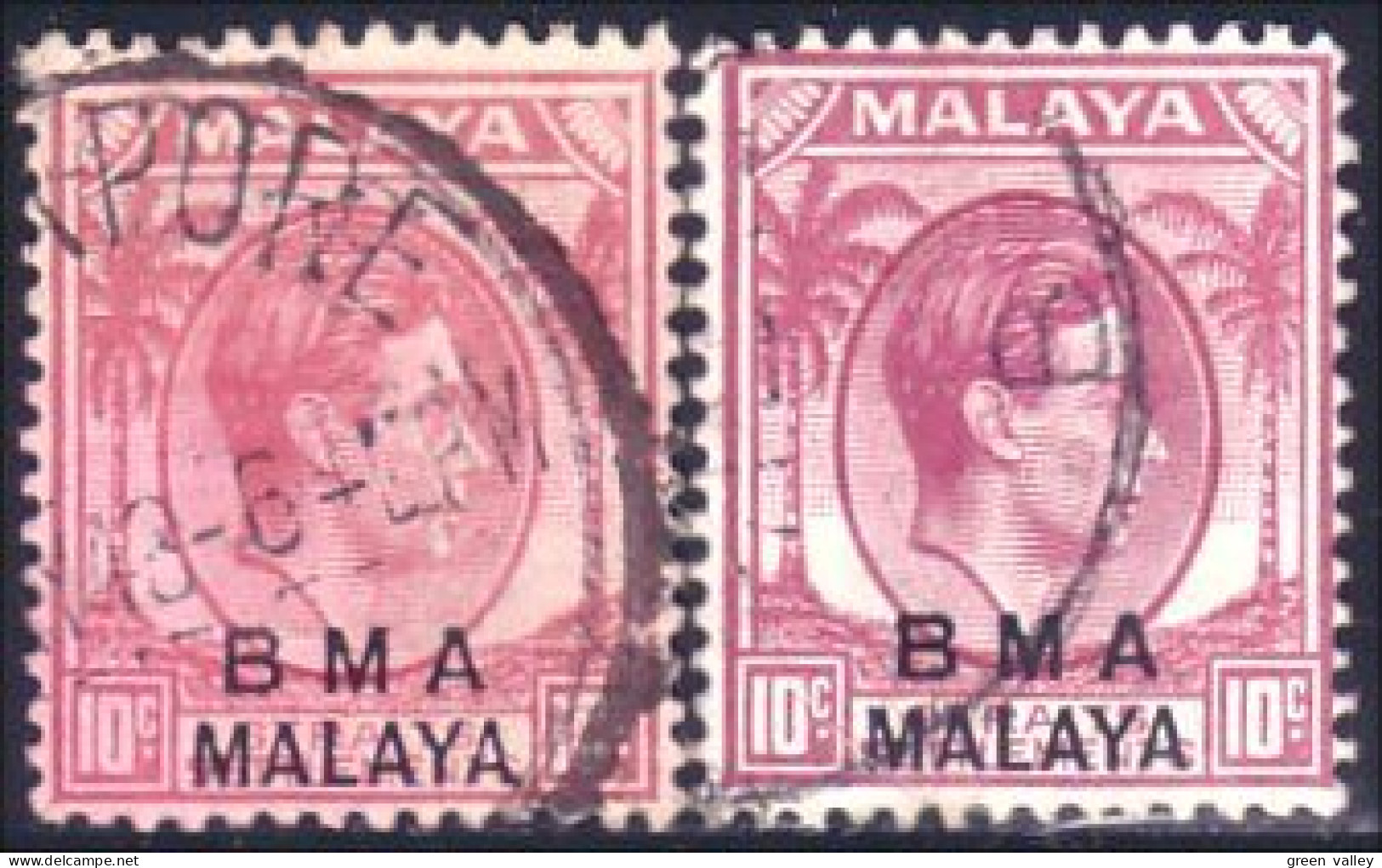 430 G-B Offices B.M.A. / MALAYA 2 Colors Rose / Claret (GBA-42) - Malaya (British Military Administration)