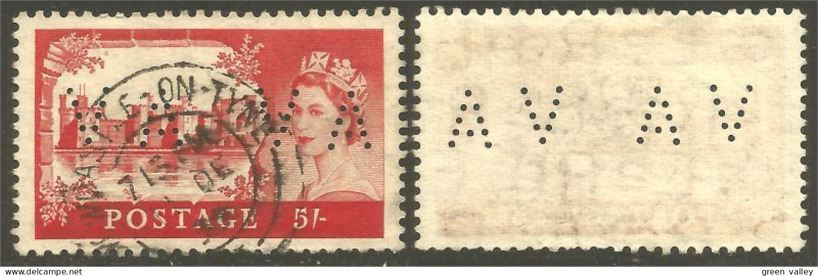 410 G-B 1955 Queen Elizabeth 5sh Caernorfon Castle Wales Perf 11x12 Private Perf AV (GB-264) - Perfins