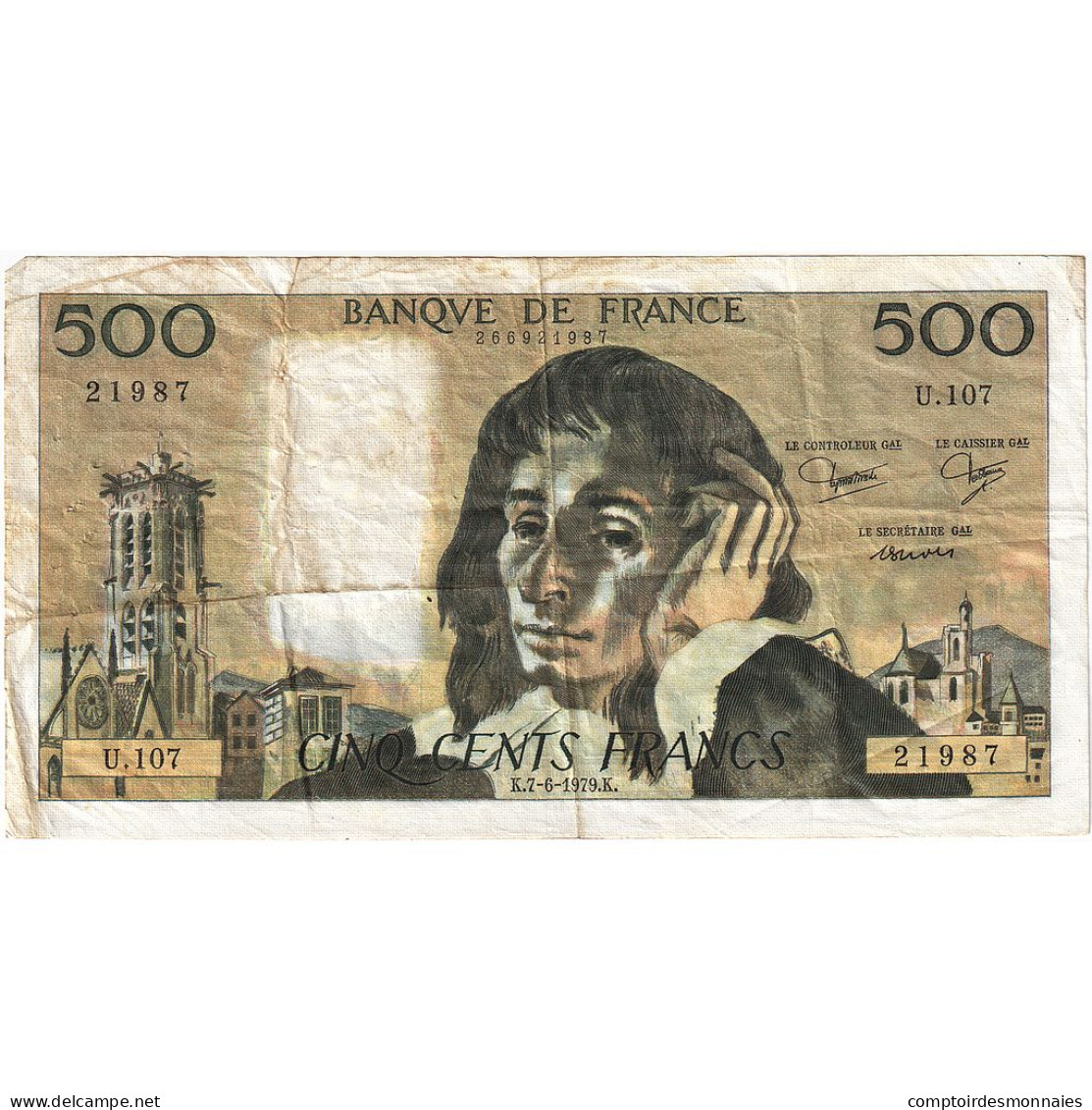 France, 500 Francs, Pascal, 1979, U.107, TB, Fayette:71.20, KM:156e - 500 F 1968-1993 ''Pascal''
