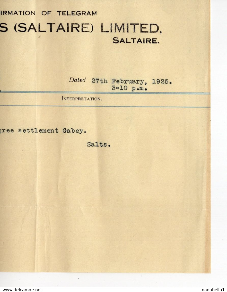 1925.  UNITED KINGDOM,SALTAIRE,SHIPLEY,SALTS LTD. LETTERHEAD,SENT TO SERBIA,TELEGRAM ATTACHED - Regno Unito