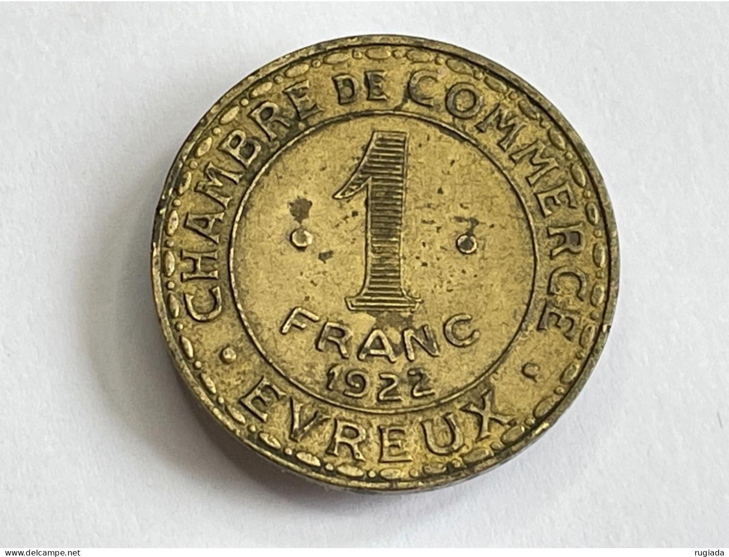 1922 France Evreux 1 Franc Brass Coin, Emergency Money, VF Very Fine - 1 Franc