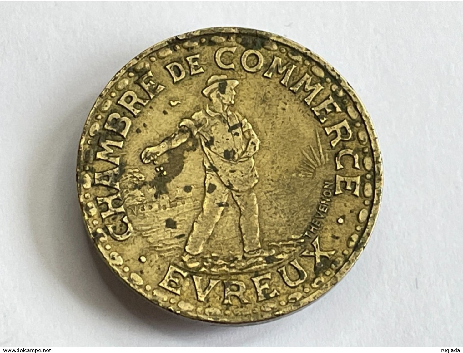 1922 France Evreux 1 Franc Brass Coin, Emergency Money, VF Very Fine - 1 Franc