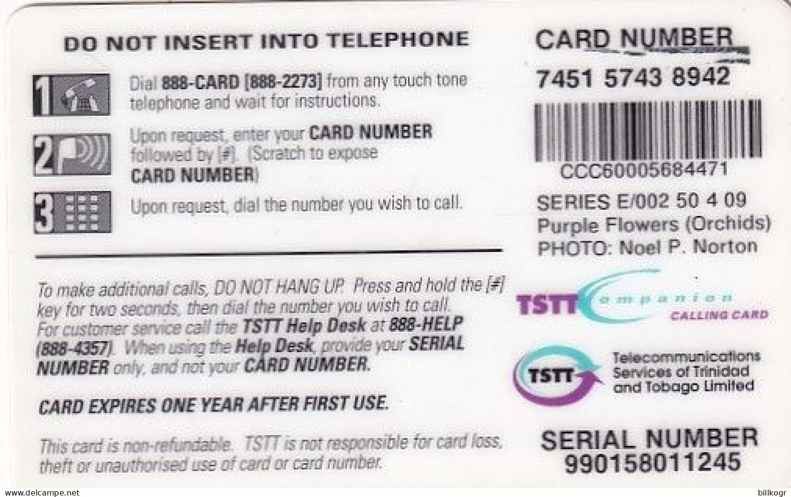 TRINIDAD & TOBAGO - Orchid, TSTT Prepaid Card $60, CN : E/002, Used - Trinité & Tobago