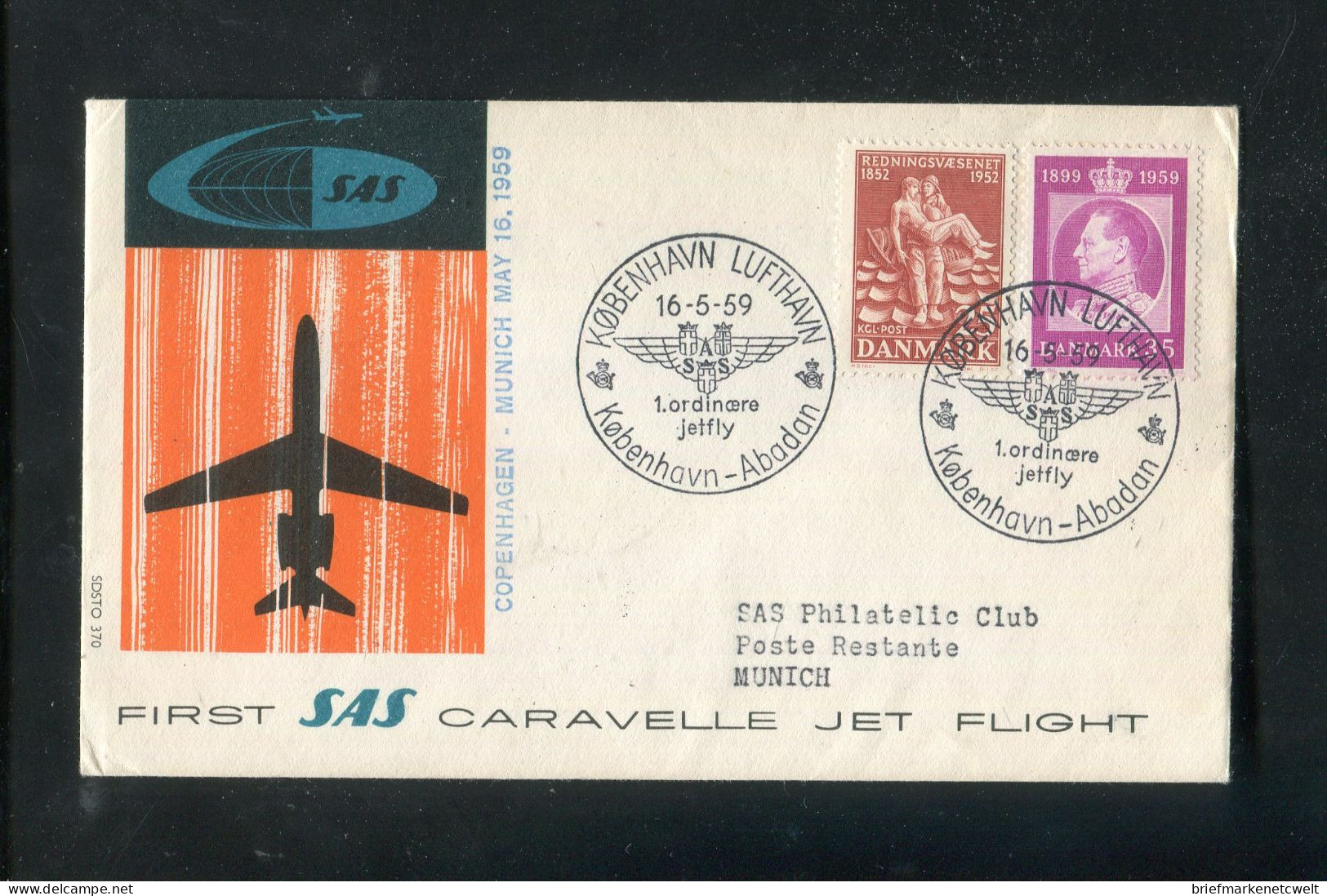 "DAENEMARK" 1959, SAS-Caravelle-Erstflugbrief "Kopenhagen-Munich" (B0058) - Luchtpostzegels