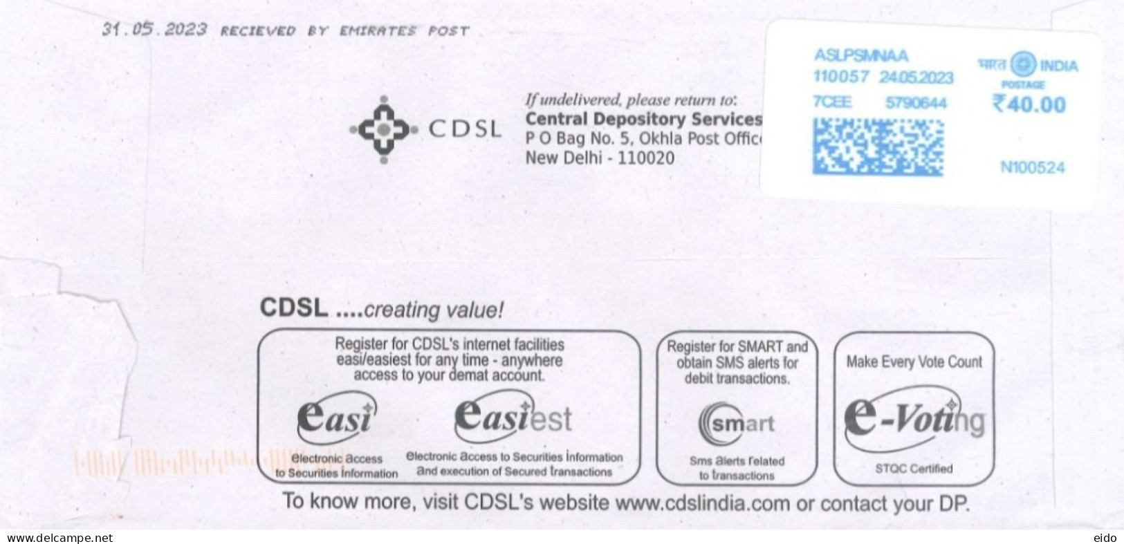 INDIA - 2023, POSTAL FRANKING MACHINE LABEL COVER TO DUBAI. - Covers & Documents