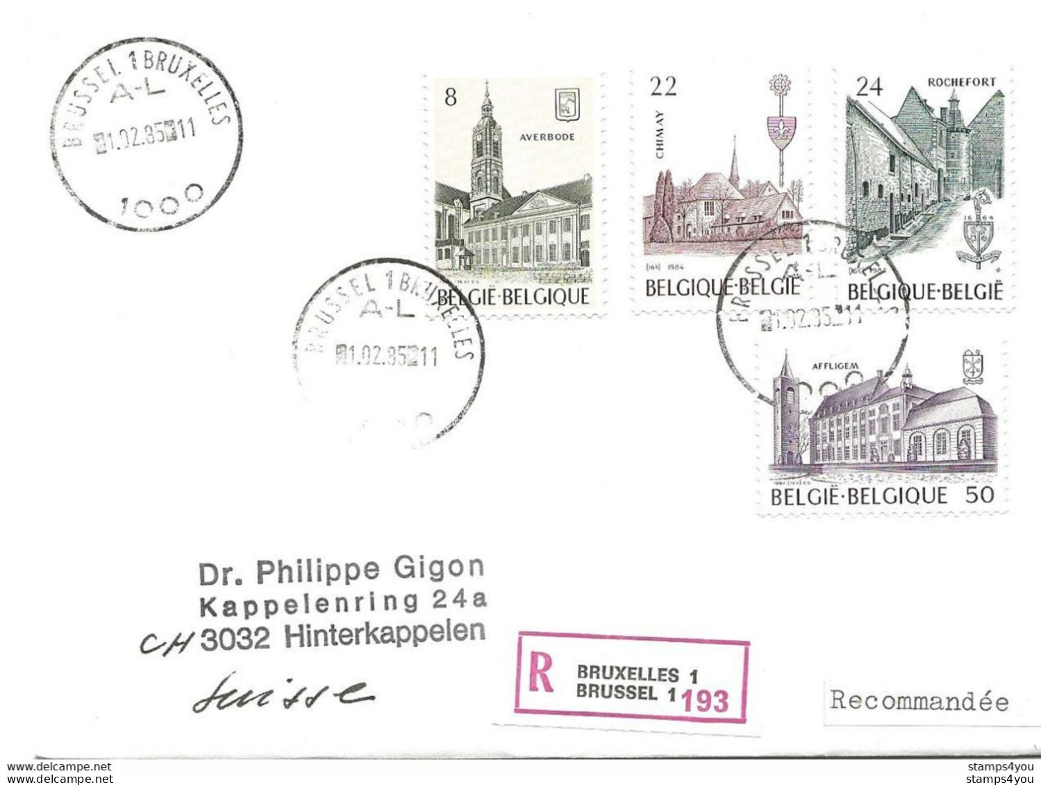 245 - 54 - Enveloppe Recommandée Envoyée De Bruxelles En Suisse 1985 - Superbe Affranchissement - Storia Postale