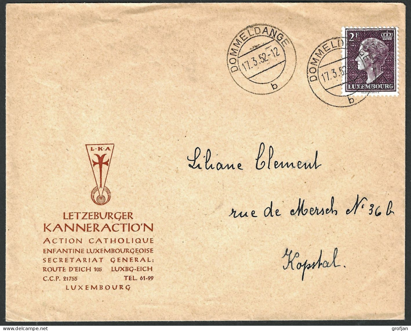 Lettre De Luxembourg à Kopstal Par Dommeldange 1952 - Privatsachen