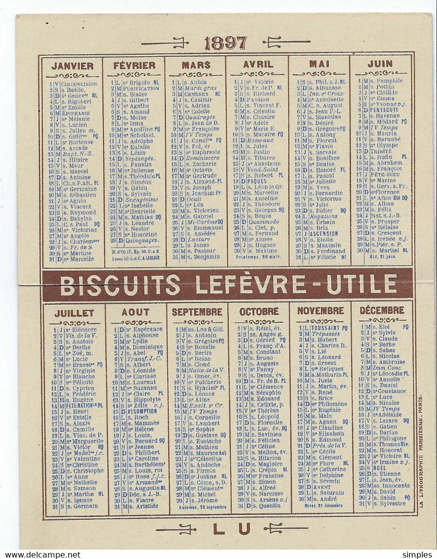 1897 Calendrier Biscuits LEFEVRE UTILE -LU - Lithographie Parisienne - Danse Enfants Et Couple - Small : ...-1900