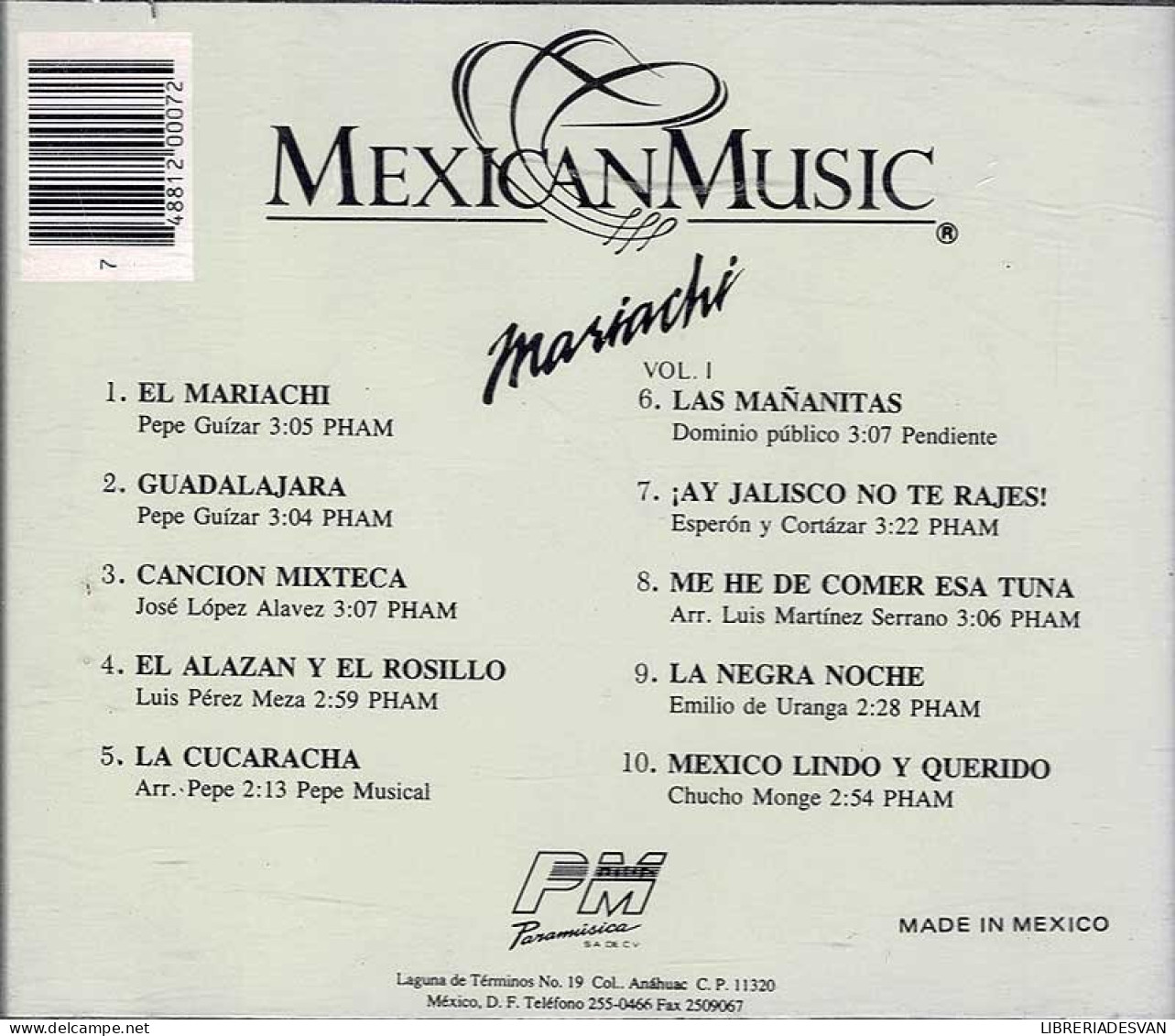 Mexican Music - Mariachi Vol. 1. CD - Country Y Folk