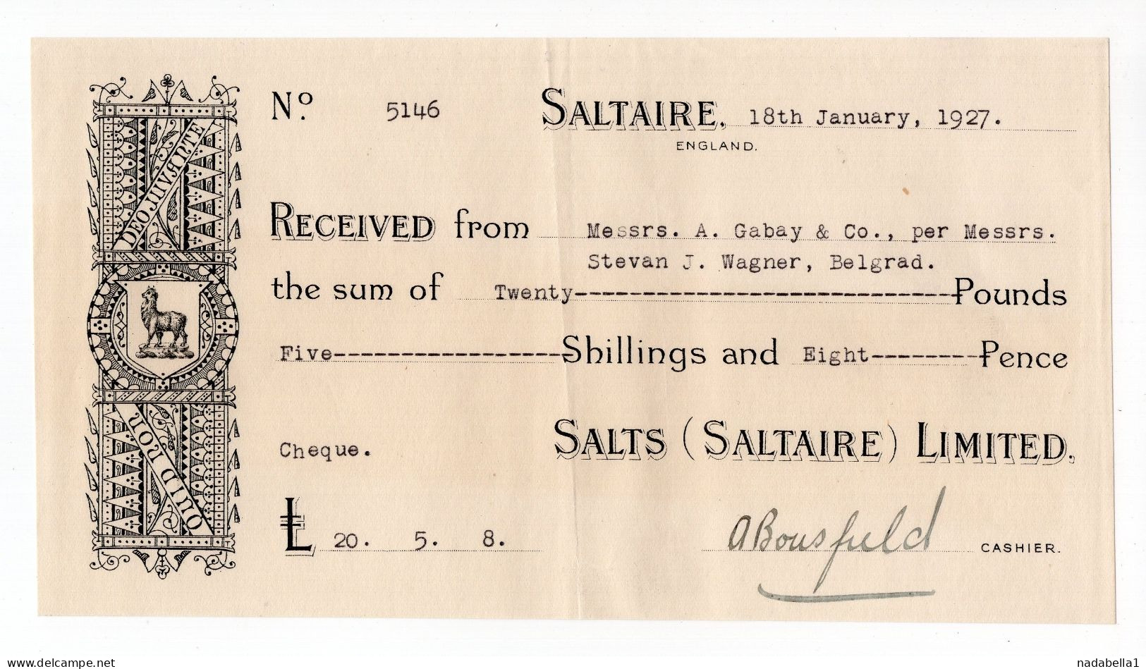 1927. UNITED KINGDOM,ENGLAND,SALTAIRE,RECEIPT FOR A CHEQUE,SALTS (SALTAIRE) LTD. ,LAWYER S.J. WAGNER,SERBIA - Cheques En Traveller's Cheques