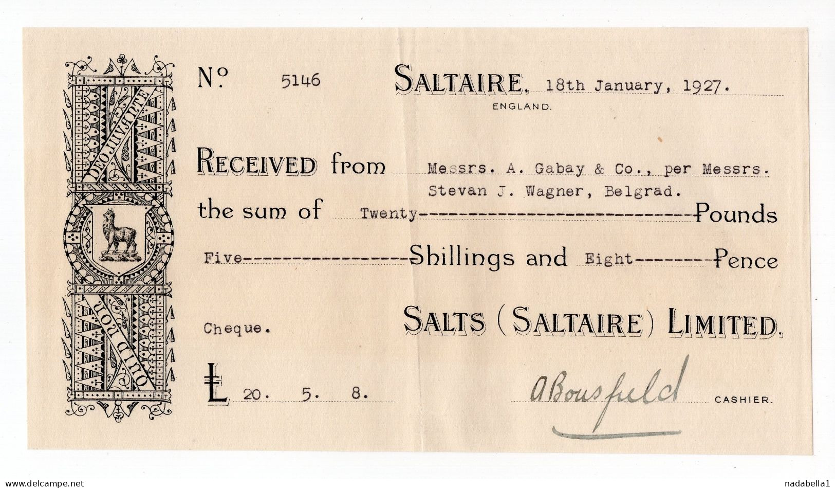 1927. UNITED KINGDOM,ENGLAND,SALTAIRE,RECEIPT FOR A CHEQUE,SALTS (SALTAIRE) LTD. ,LAWYER S.J. WAGNER,SERBIA - Chèques & Chèques De Voyage