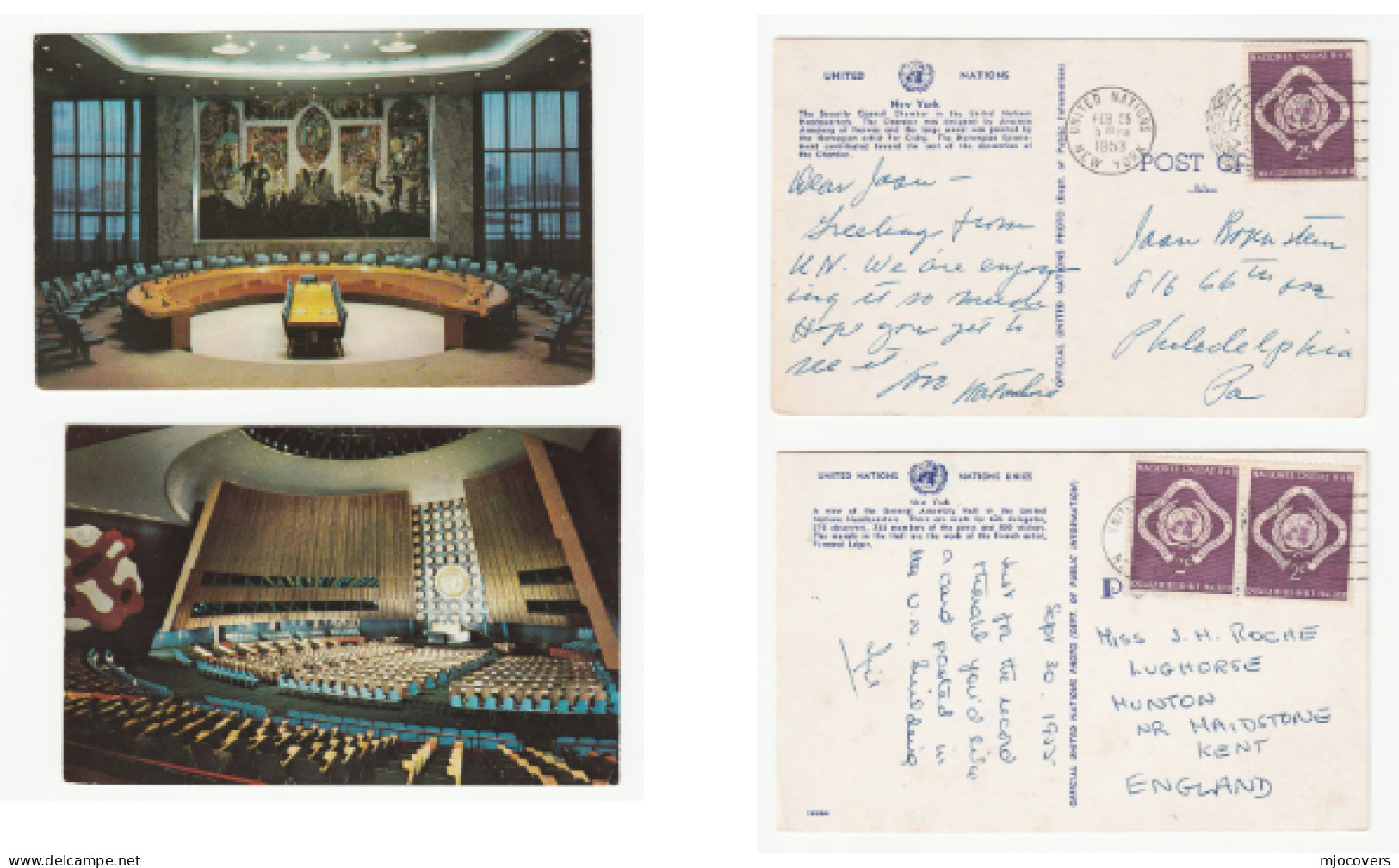 1953 2 Postcards UN General Assembly HAll & UN Security Council Chamber UNITED NATIONS To Gb Usa  Postcard Cover Stamps - Cartas & Documentos
