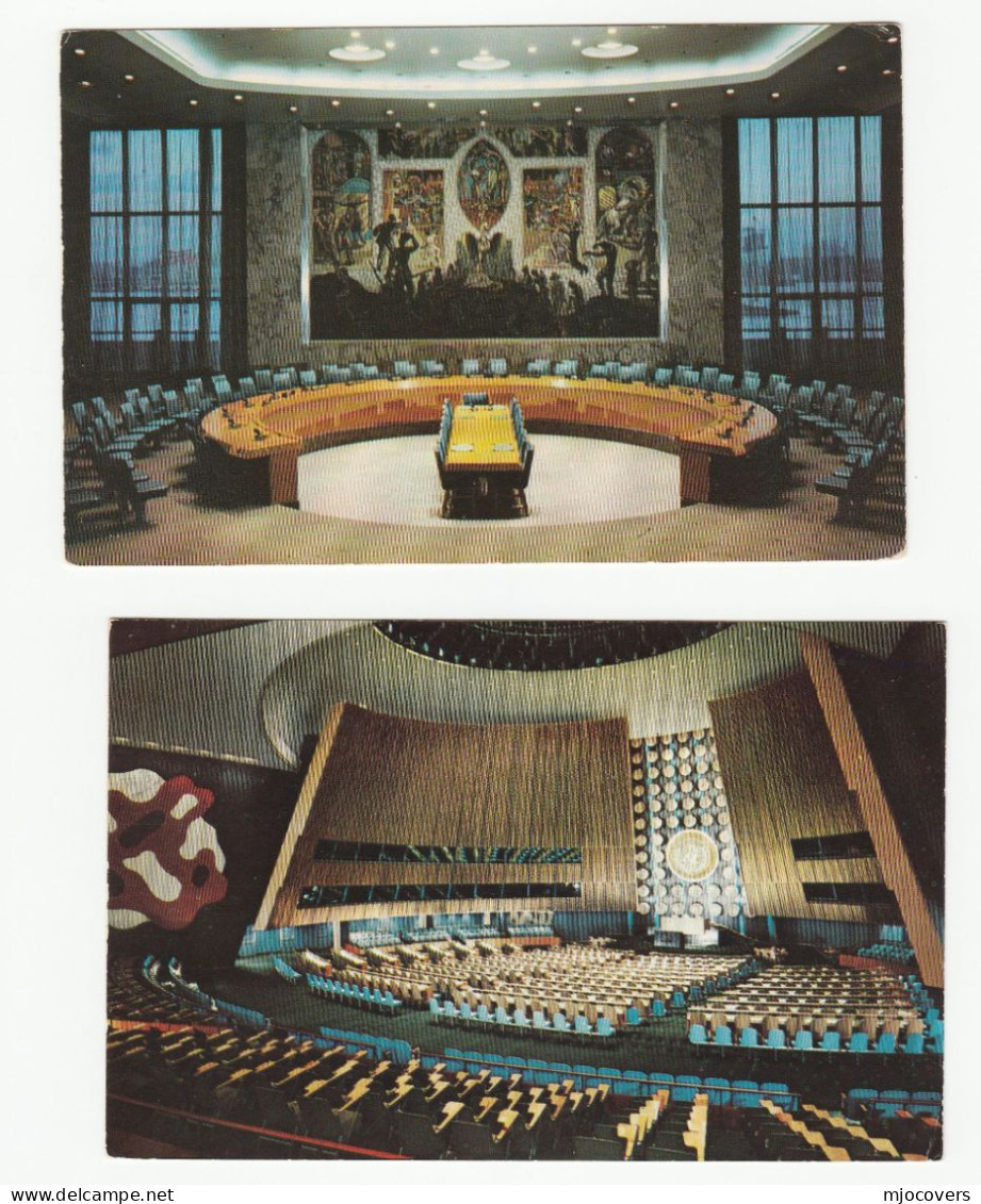 1953 2 Postcards UN General Assembly HAll & UN Security Council Chamber UNITED NATIONS To Gb Usa  Postcard Cover Stamps - Cartas & Documentos