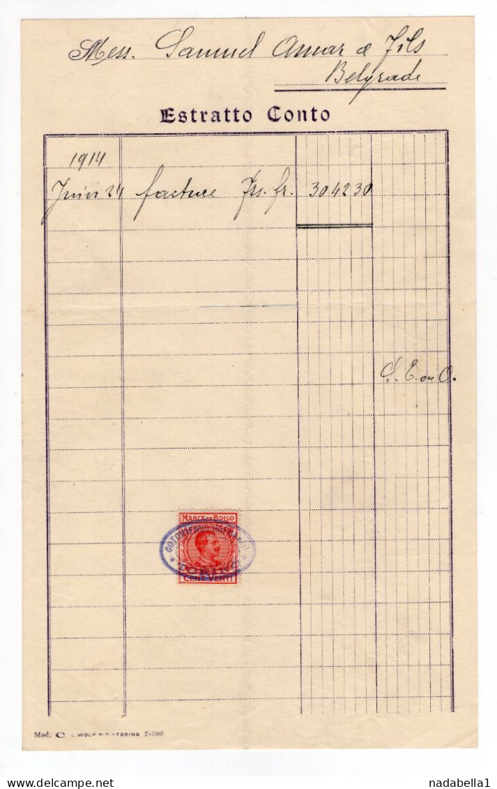 1914. ITALY,TORINO,120 L. REVENUE,TAX STAMP,INVOICE TO SAMUEL OMAR,BELGRADE,SERBIA, - Revenue Stamps