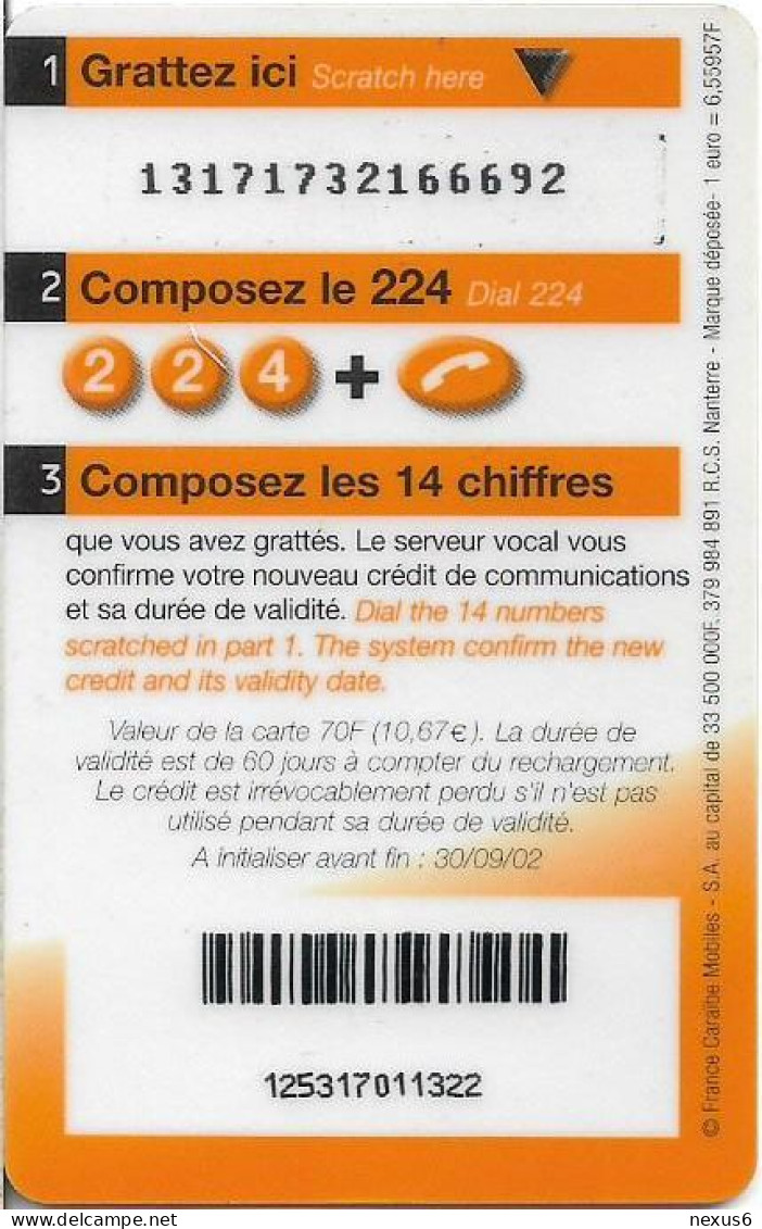 French Antilles - Orange - Butterfly, Exp.30.09.2002, GSM Refill 70Units, Used - Antillen (Französische)