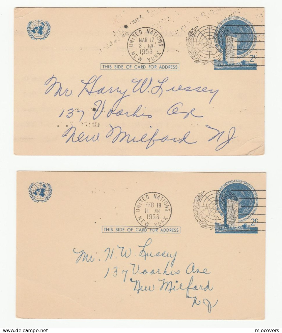 1953 UN 2 Postal STATIONERY CARDS Re Stamp Dealers Assoc New Jersey Feb March Auctions Newark United Nations Card Cover - Covers & Documents