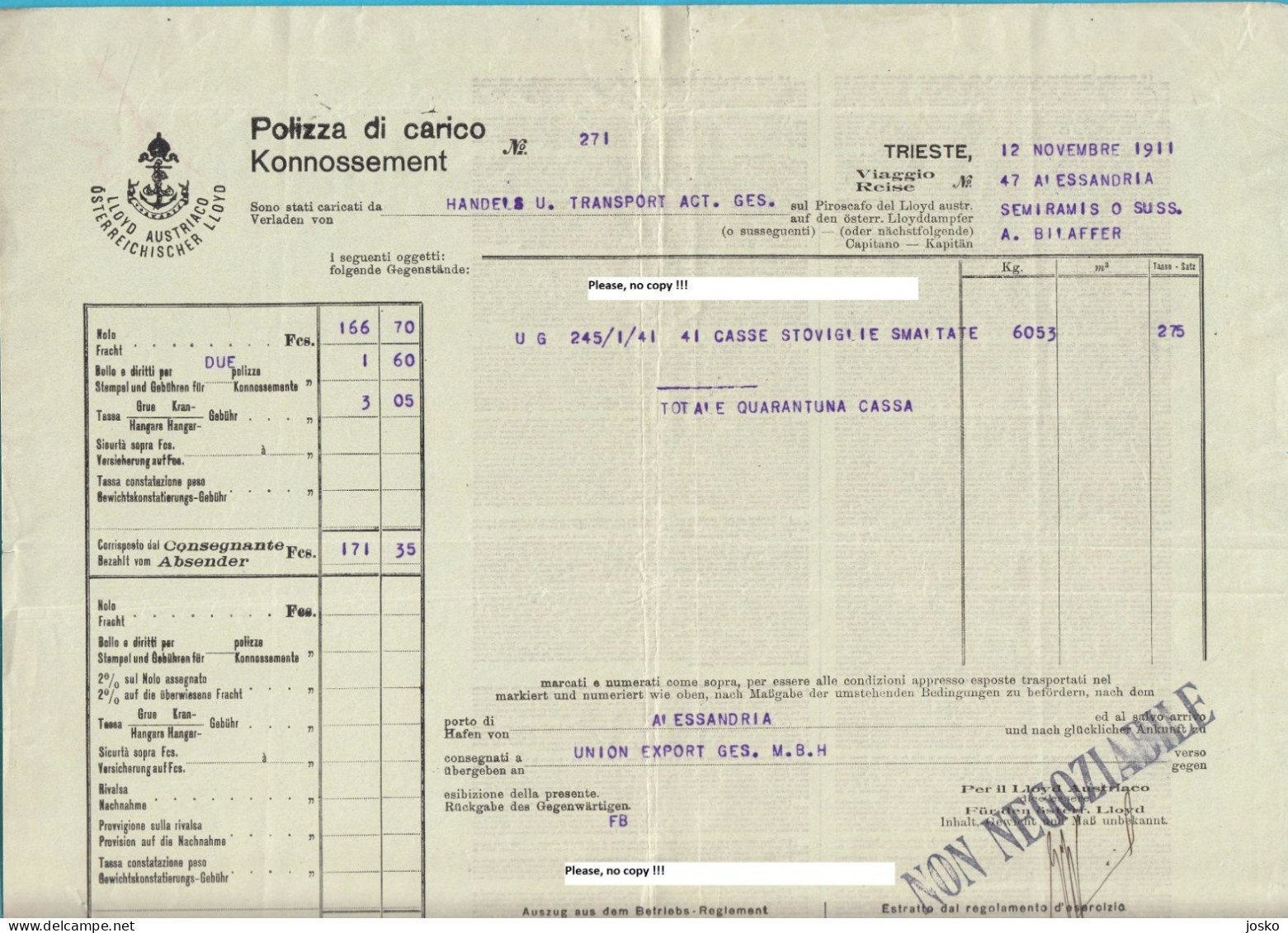 AUSTRIAN LLOYD (Osterreichischer L) Bill Of Landing Trieste 1911. Austria Lloyd Austriaco Konnossement Polizza Di Carico - Altri & Non Classificati