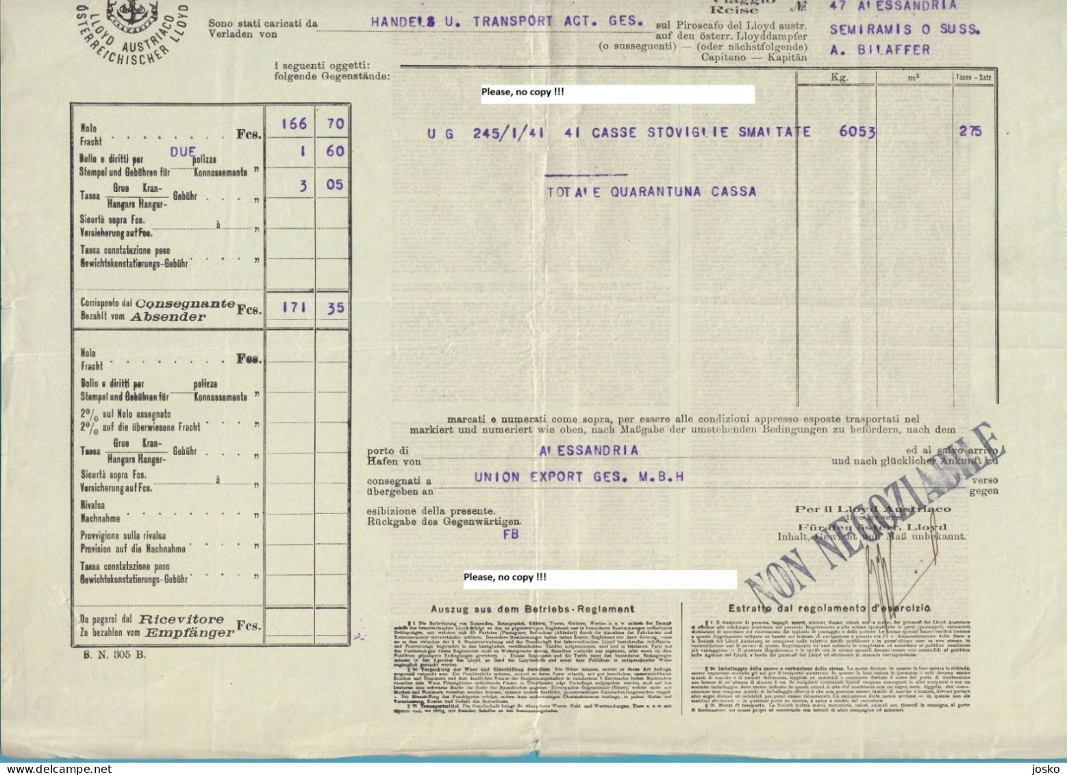 AUSTRIAN LLOYD (Osterreichischer L) Bill Of Landing Trieste 1911. Austria Lloyd Austriaco Konnossement Polizza Di Carico - Altri & Non Classificati